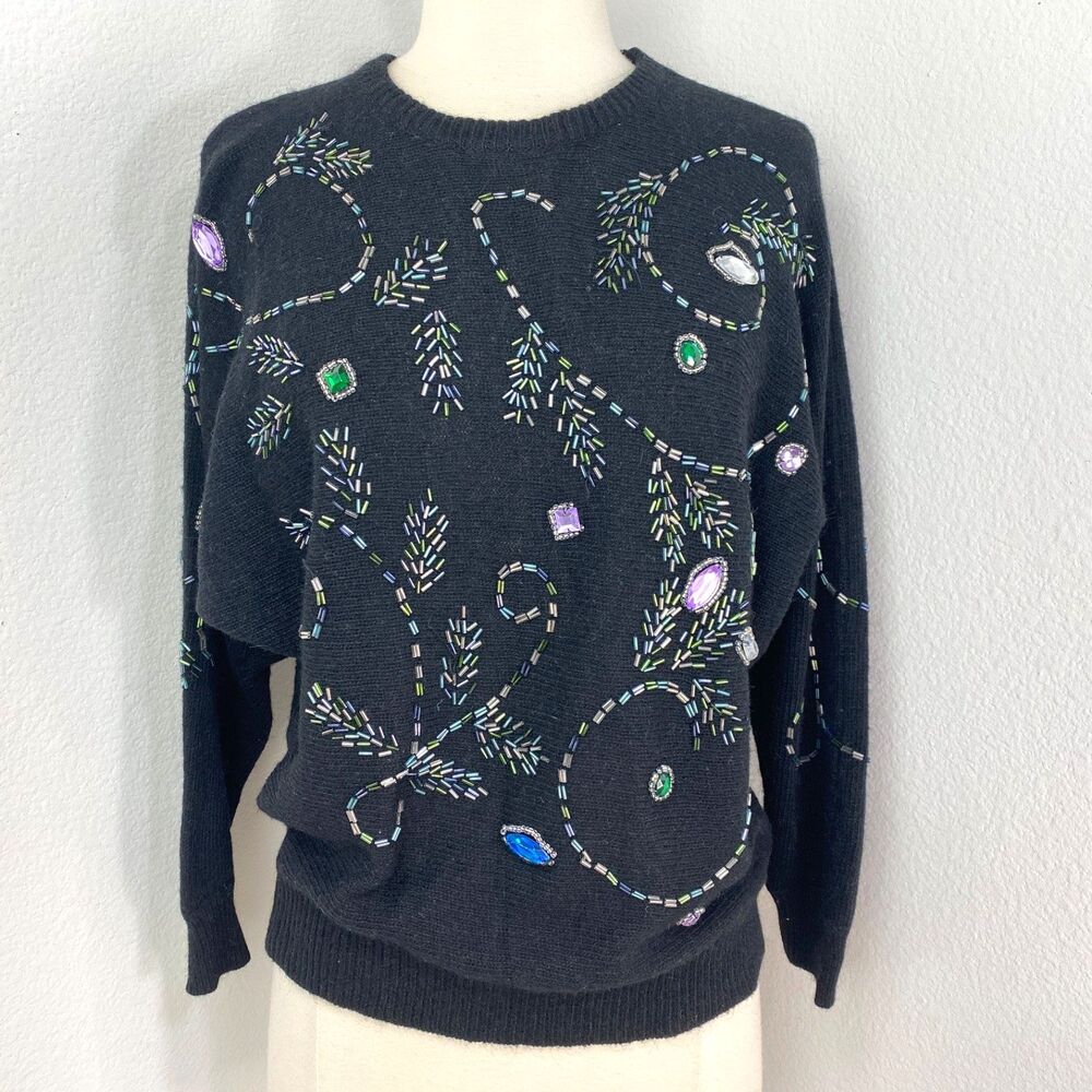 Black Beaded Sweater Lg Pullover Long Sleeve Holiday Festive Whimsy Goth Party